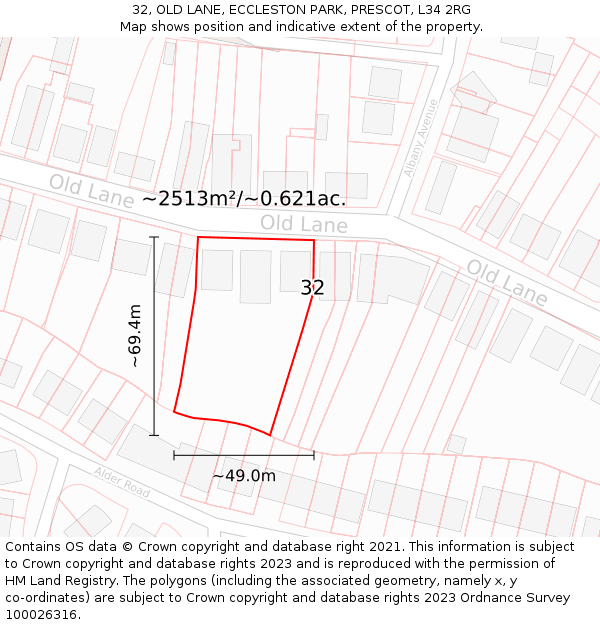 32, OLD LANE, ECCLESTON PARK, PRESCOT, L34 2RG: Plot and title map