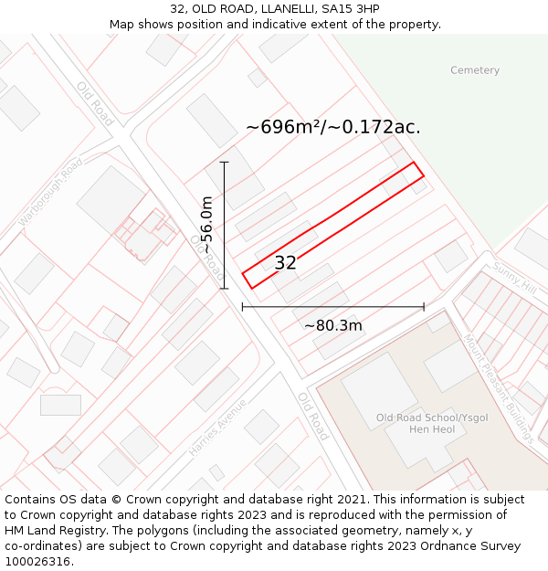 32, OLD ROAD, LLANELLI, SA15 3HP: Plot and title map