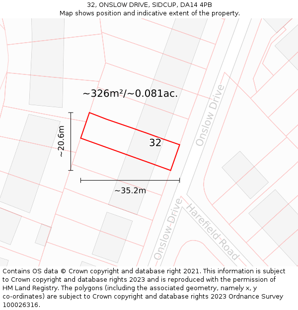 32, ONSLOW DRIVE, SIDCUP, DA14 4PB: Plot and title map