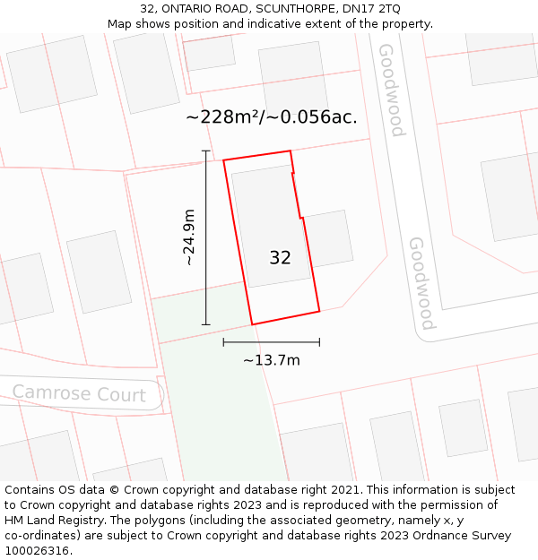 32, ONTARIO ROAD, SCUNTHORPE, DN17 2TQ: Plot and title map