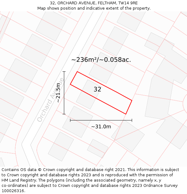 32, ORCHARD AVENUE, FELTHAM, TW14 9RE: Plot and title map