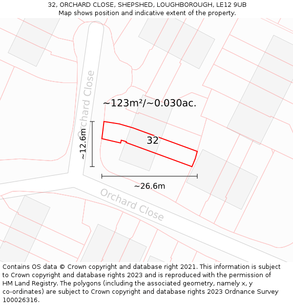 32, ORCHARD CLOSE, SHEPSHED, LOUGHBOROUGH, LE12 9UB: Plot and title map
