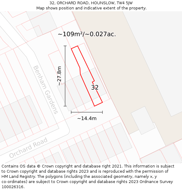 32, ORCHARD ROAD, HOUNSLOW, TW4 5JW: Plot and title map