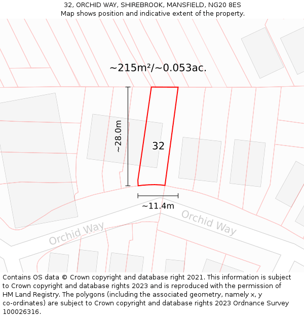 32, ORCHID WAY, SHIREBROOK, MANSFIELD, NG20 8ES: Plot and title map