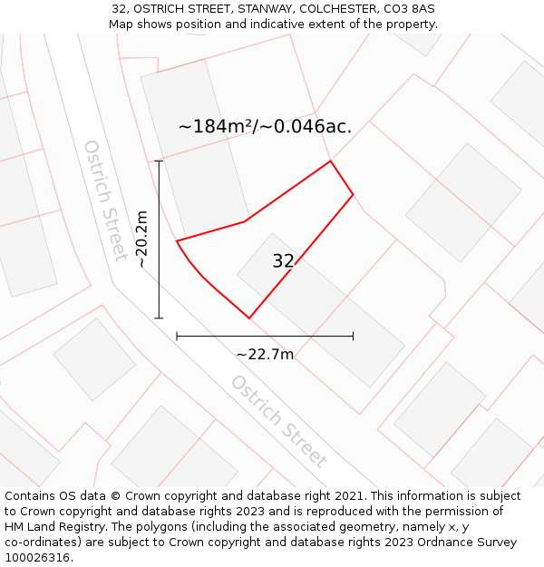 32, OSTRICH STREET, STANWAY, COLCHESTER, CO3 8AS: Plot and title map