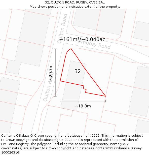 32, OULTON ROAD, RUGBY, CV21 1AL: Plot and title map