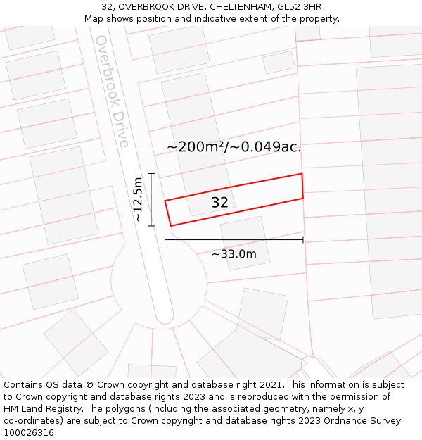 32, OVERBROOK DRIVE, CHELTENHAM, GL52 3HR: Plot and title map