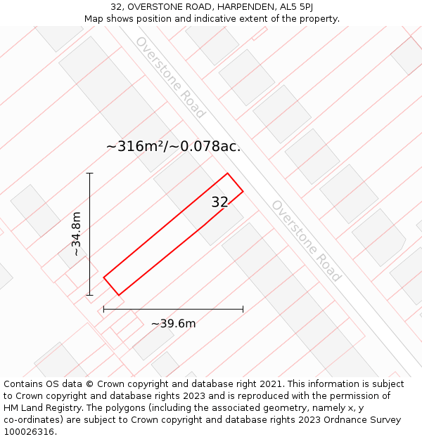 32, OVERSTONE ROAD, HARPENDEN, AL5 5PJ: Plot and title map