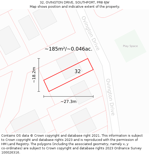 32, OVINGTON DRIVE, SOUTHPORT, PR8 6JW: Plot and title map