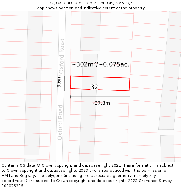 32, OXFORD ROAD, CARSHALTON, SM5 3QY: Plot and title map