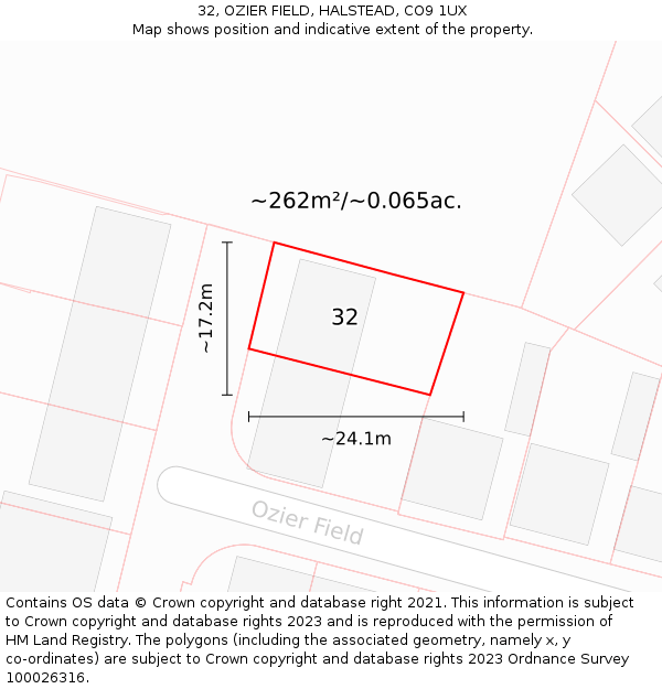 32, OZIER FIELD, HALSTEAD, CO9 1UX: Plot and title map