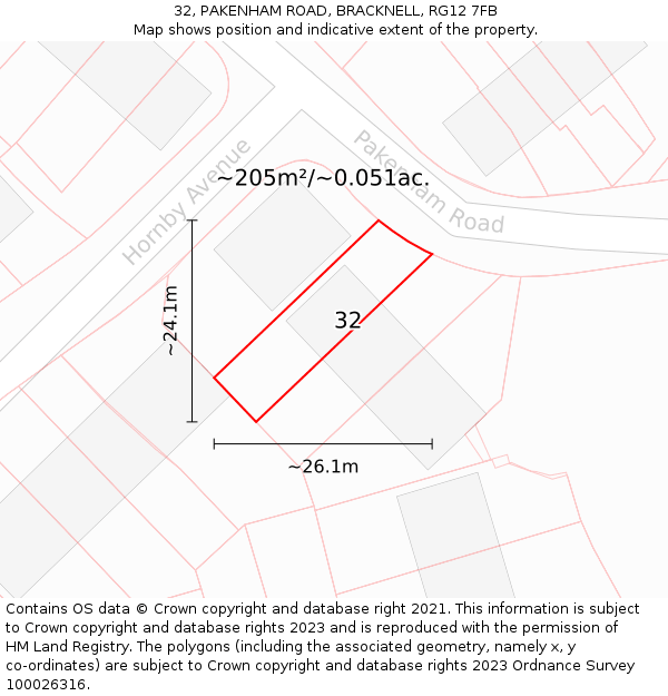 32, PAKENHAM ROAD, BRACKNELL, RG12 7FB: Plot and title map