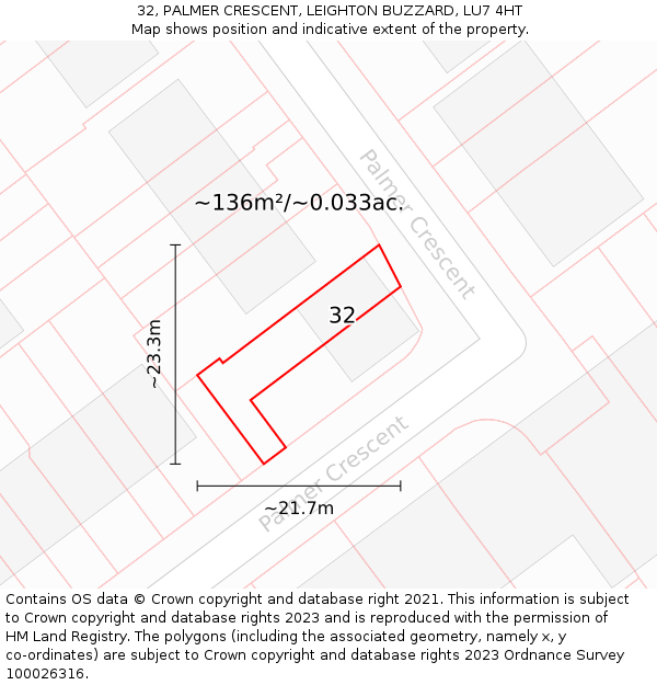 32, PALMER CRESCENT, LEIGHTON BUZZARD, LU7 4HT: Plot and title map