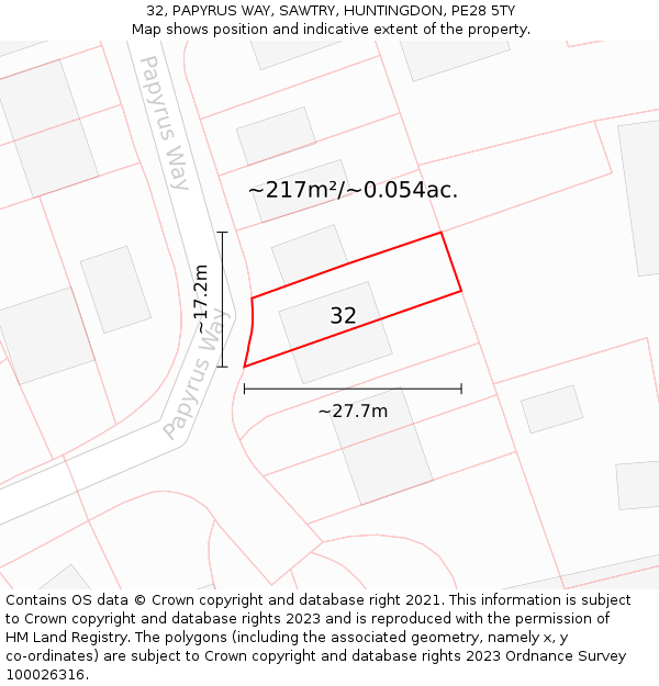 32, PAPYRUS WAY, SAWTRY, HUNTINGDON, PE28 5TY: Plot and title map