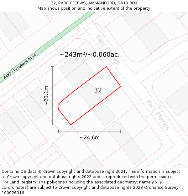 32, PARC FFERWS, AMMANFORD, SA18 3QX: Plot and title map