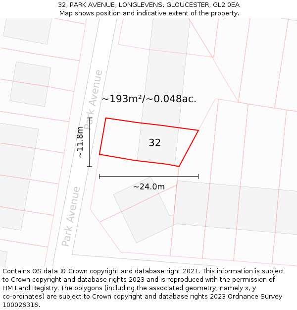 32, PARK AVENUE, LONGLEVENS, GLOUCESTER, GL2 0EA: Plot and title map