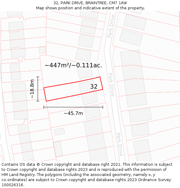 32, PARK DRIVE, BRAINTREE, CM7 1AW: Plot and title map