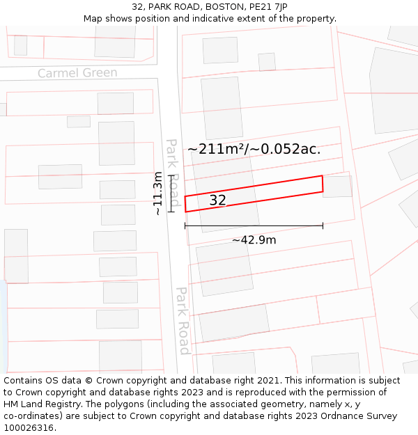 32, PARK ROAD, BOSTON, PE21 7JP: Plot and title map