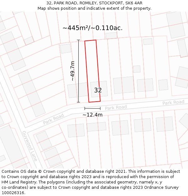 32, PARK ROAD, ROMILEY, STOCKPORT, SK6 4AR: Plot and title map