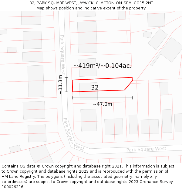 32, PARK SQUARE WEST, JAYWICK, CLACTON-ON-SEA, CO15 2NT: Plot and title map