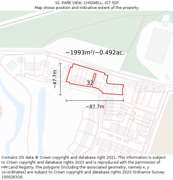 32, PARK VIEW, CHIGWELL, IG7 5DF: Plot and title map