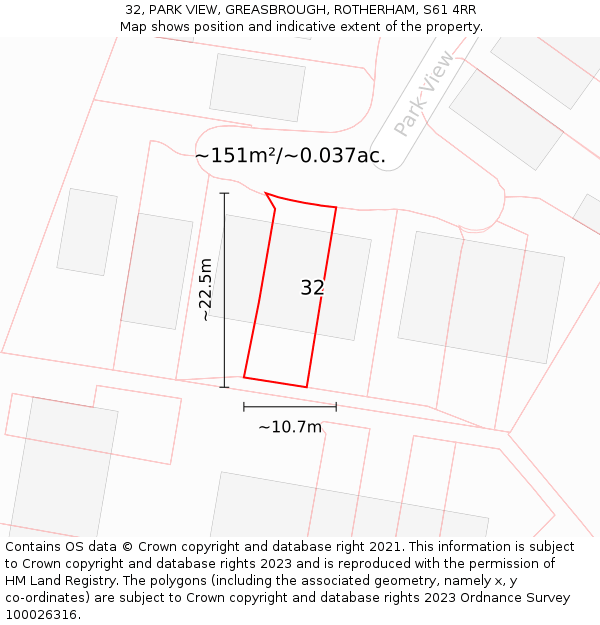 32, PARK VIEW, GREASBROUGH, ROTHERHAM, S61 4RR: Plot and title map