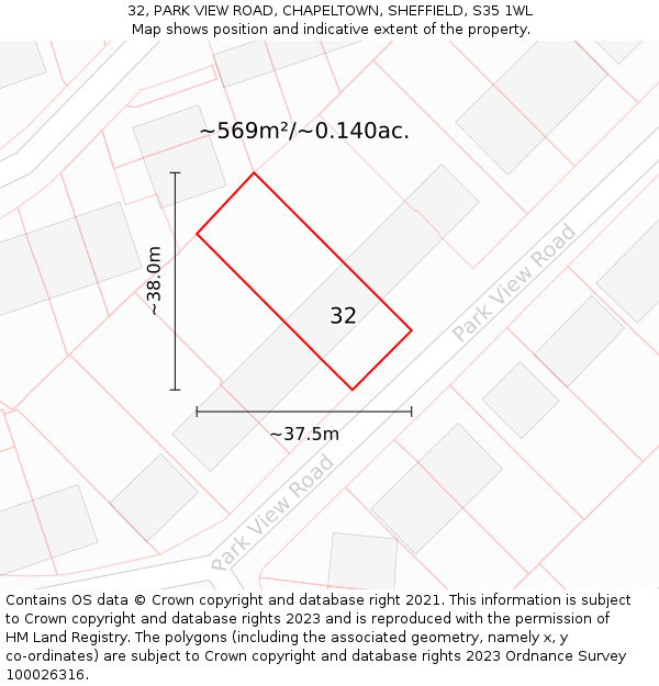 32, PARK VIEW ROAD, CHAPELTOWN, SHEFFIELD, S35 1WL: Plot and title map