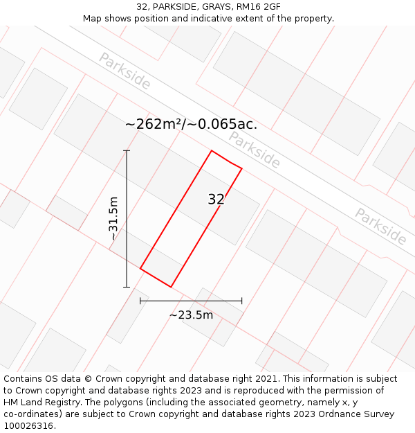 32, PARKSIDE, GRAYS, RM16 2GF: Plot and title map