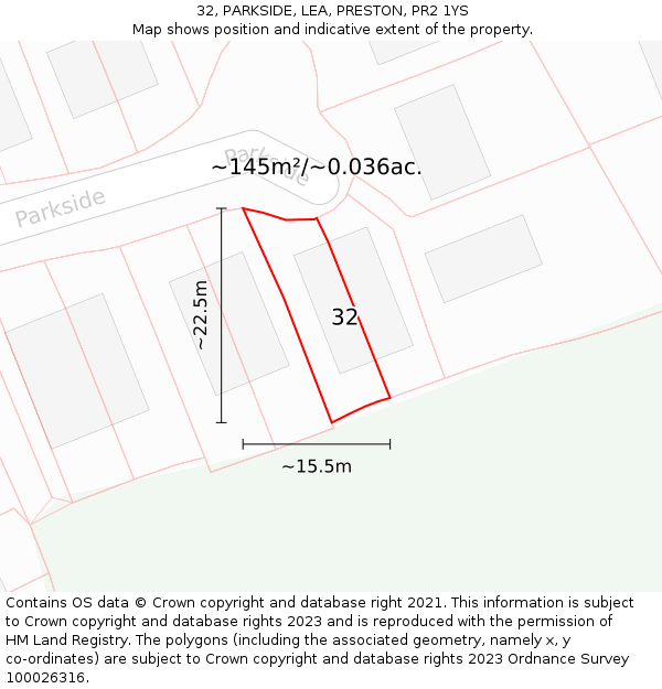 32, PARKSIDE, LEA, PRESTON, PR2 1YS: Plot and title map