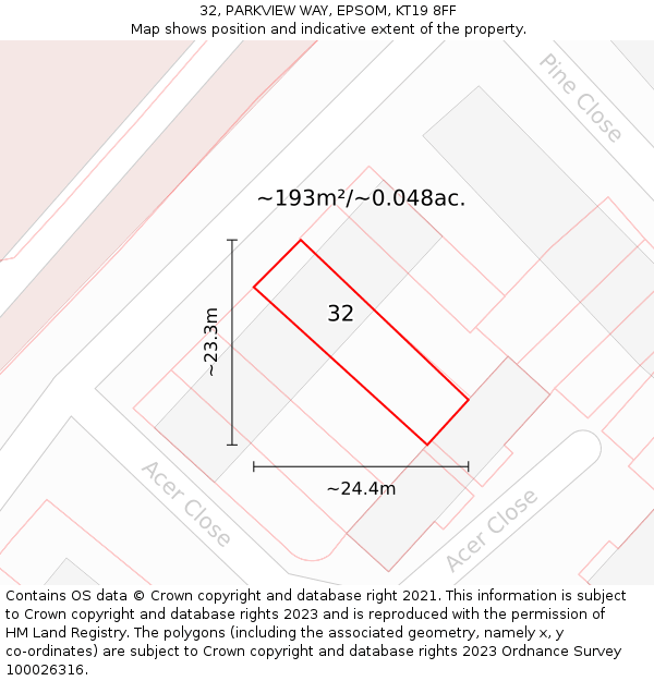 32, PARKVIEW WAY, EPSOM, KT19 8FF: Plot and title map