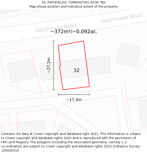 32, PATHFIELDS, TORRINGTON, EX38 7BX: Plot and title map