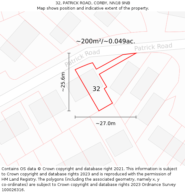 32, PATRICK ROAD, CORBY, NN18 9NB: Plot and title map