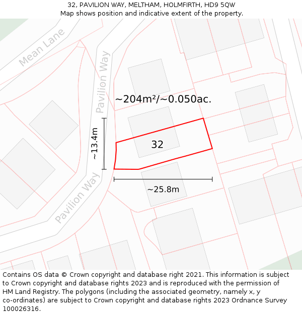 32, PAVILION WAY, MELTHAM, HOLMFIRTH, HD9 5QW: Plot and title map