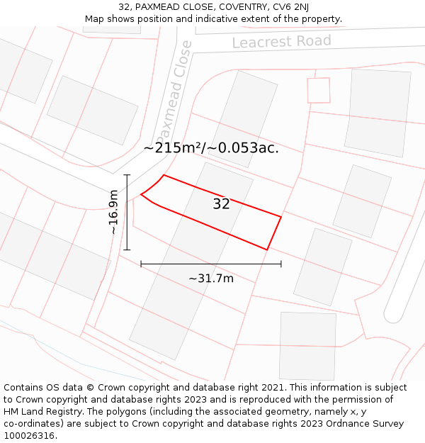 32, PAXMEAD CLOSE, COVENTRY, CV6 2NJ: Plot and title map