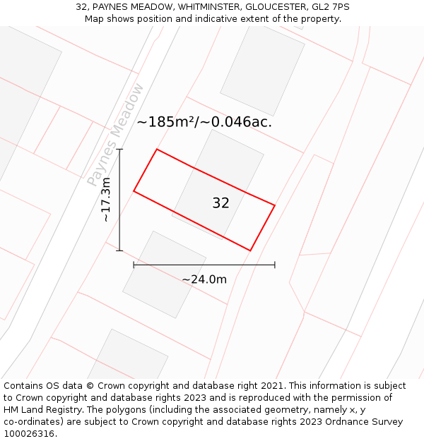 32, PAYNES MEADOW, WHITMINSTER, GLOUCESTER, GL2 7PS: Plot and title map