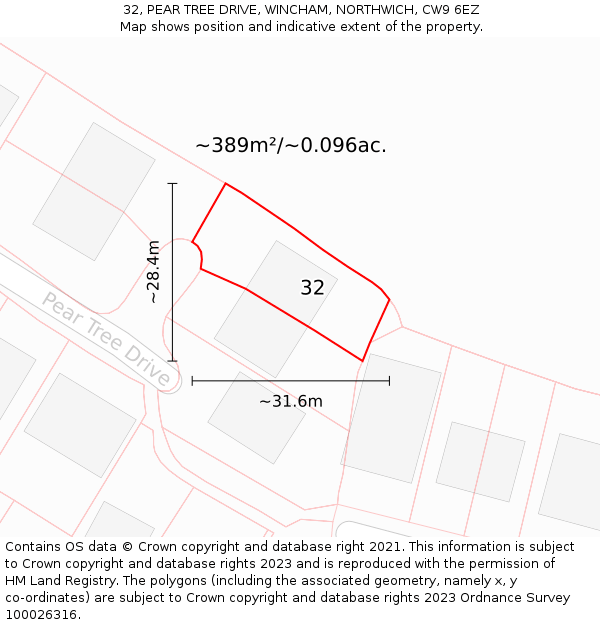 32, PEAR TREE DRIVE, WINCHAM, NORTHWICH, CW9 6EZ: Plot and title map
