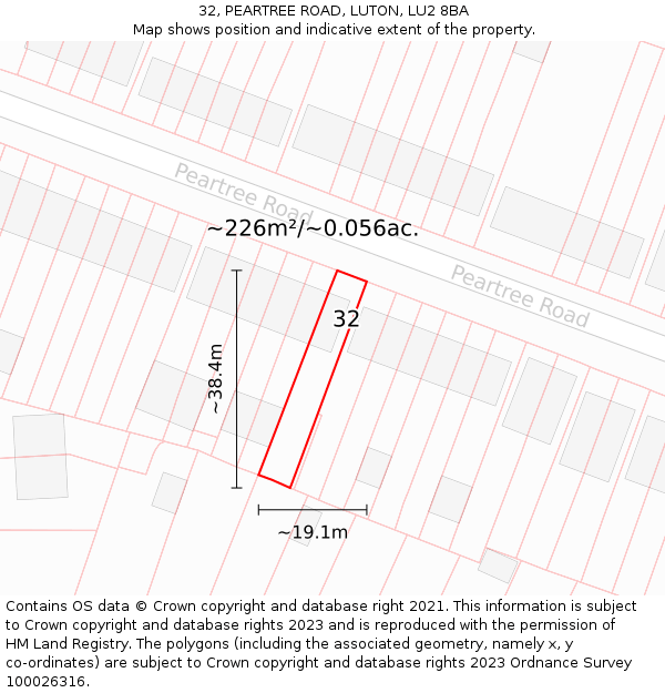 32, PEARTREE ROAD, LUTON, LU2 8BA: Plot and title map