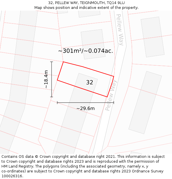 32, PELLEW WAY, TEIGNMOUTH, TQ14 9LU: Plot and title map