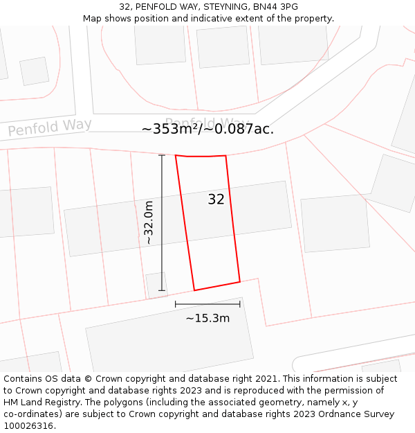 32, PENFOLD WAY, STEYNING, BN44 3PG: Plot and title map