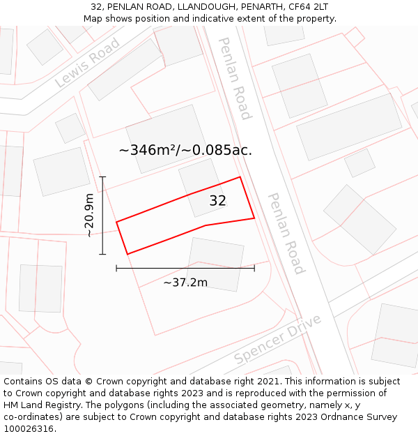 32, PENLAN ROAD, LLANDOUGH, PENARTH, CF64 2LT: Plot and title map