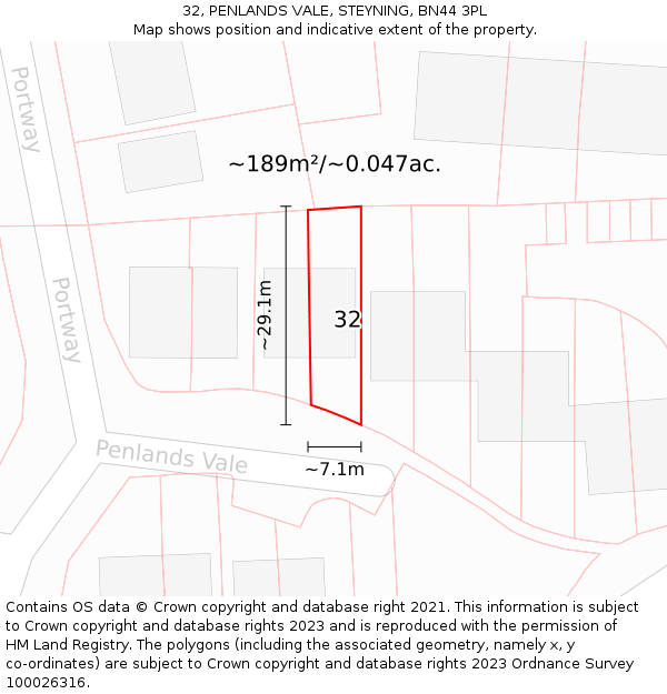 32, PENLANDS VALE, STEYNING, BN44 3PL: Plot and title map