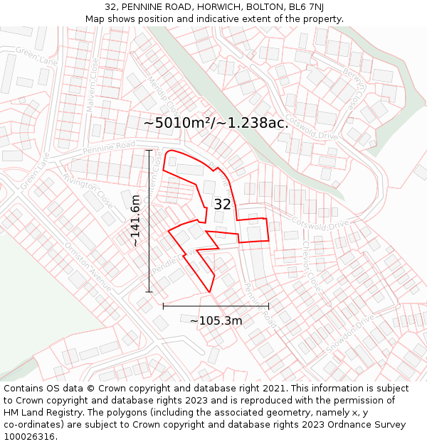 32, PENNINE ROAD, HORWICH, BOLTON, BL6 7NJ: Plot and title map