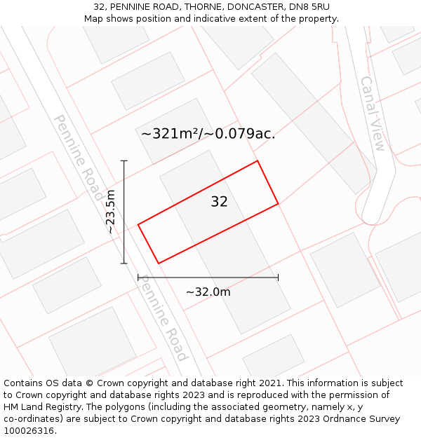 32, PENNINE ROAD, THORNE, DONCASTER, DN8 5RU: Plot and title map