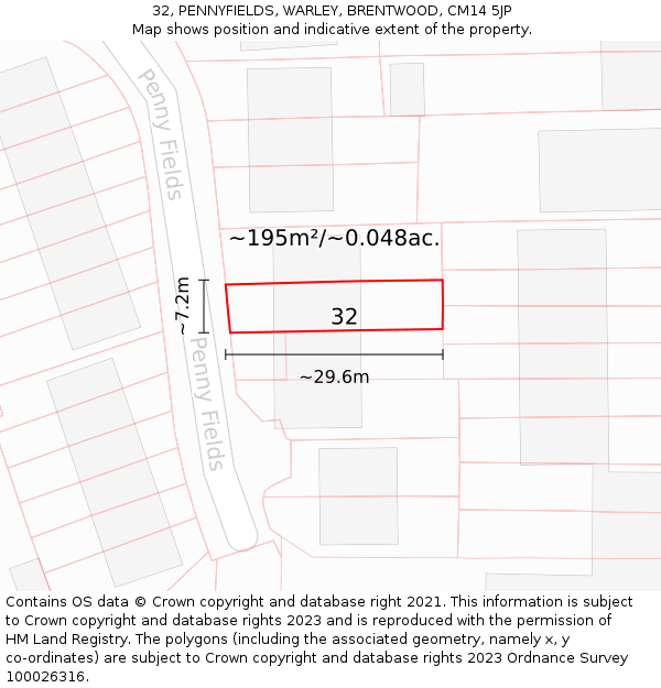 32, PENNYFIELDS, WARLEY, BRENTWOOD, CM14 5JP: Plot and title map