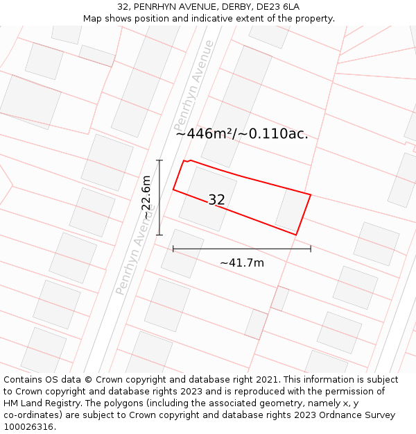 32, PENRHYN AVENUE, DERBY, DE23 6LA: Plot and title map
