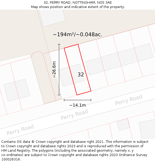 32, PERRY ROAD, NOTTINGHAM, NG5 3AE: Plot and title map