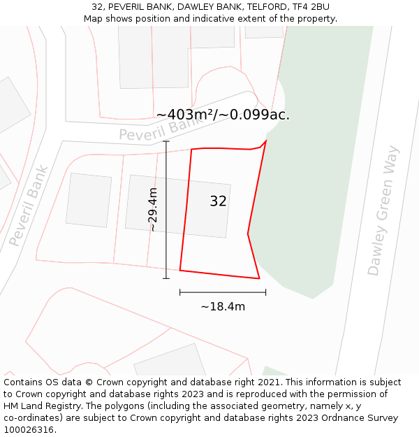 32, PEVERIL BANK, DAWLEY BANK, TELFORD, TF4 2BU: Plot and title map