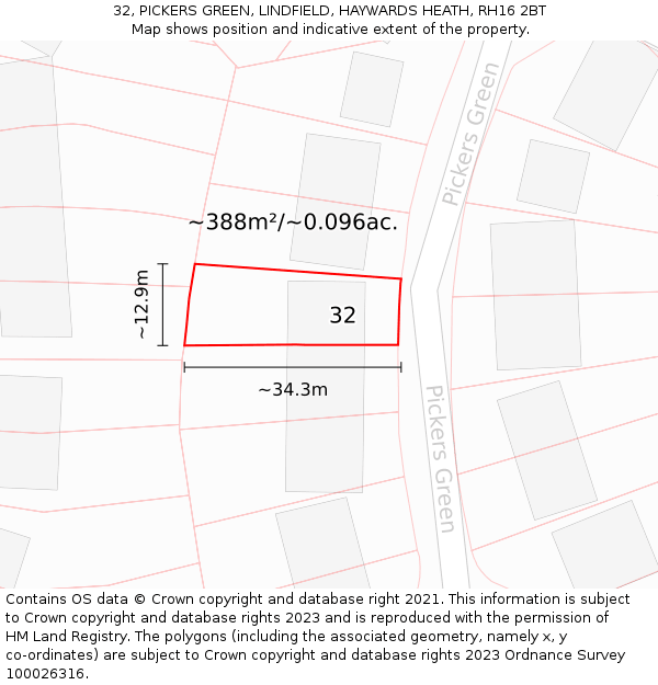 32, PICKERS GREEN, LINDFIELD, HAYWARDS HEATH, RH16 2BT: Plot and title map