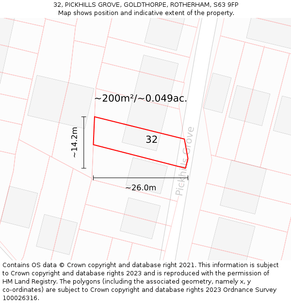32, PICKHILLS GROVE, GOLDTHORPE, ROTHERHAM, S63 9FP: Plot and title map