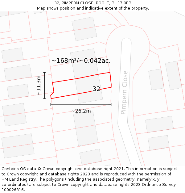 32, PIMPERN CLOSE, POOLE, BH17 9EB: Plot and title map